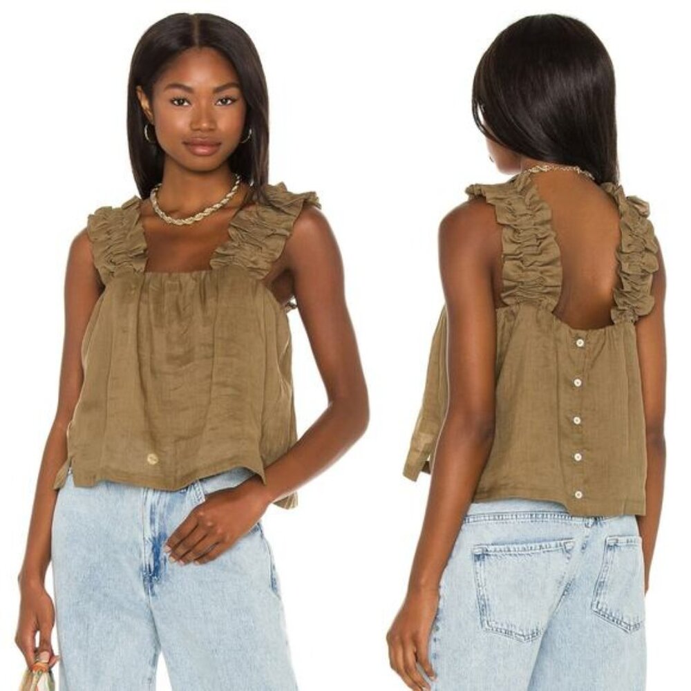 NEW FRAME Ruffle Strap Tank Square Neck Back Button Top Moose Green Size: Small